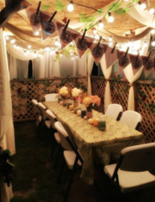 A photo of the inside of a sukkah